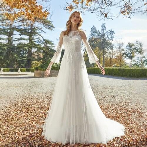 Elegant Country Wedding Dresses for Women Tulle Flare Sleeves Off the Shoulder Open Back A Line Floor Length Hippie Bridal Gown