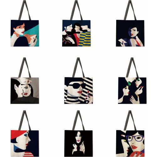 Urban Women Oil Painting Linen Shopping Bag Ladies Shoulder Bag Foldable Shopping Bag Beach Tote Bag