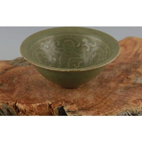 Chinese Yaozhou Kiln Porcelain Carving Children Flower Pattern Small Douli Bowl