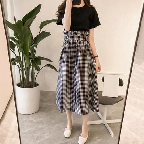 Two Piece Set 2021 Summer Spring Womens Fashion Top And Skirt Set Loose Short Sleeve O Neck T-shirt Top High Waist Long Skirt
