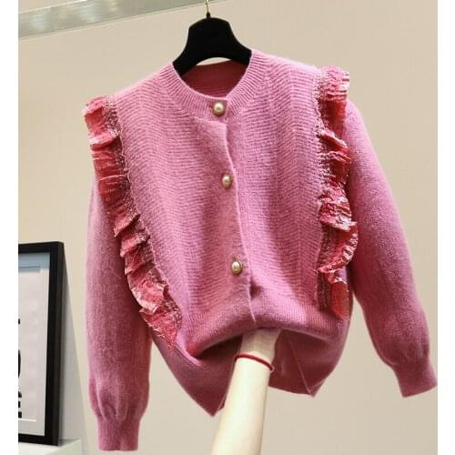Lace Stitching Long-Sleeved Sweater 2020 Winter Korean Loose Wooden Ear Waist Tight Cardigan Jacket Woman Sweaters Women Clothes