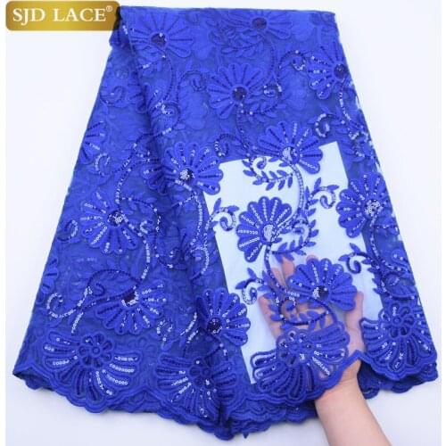 SJD LACE Blue French Tulle Lace Fabric African Mesh Lace Fabric High Quality Sequins Milk Silk Lace For Wedding Material A1814