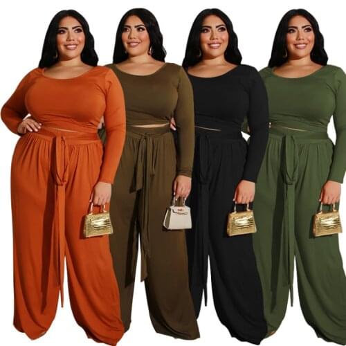 Fashion Solid Color Plus Size Two Piece Sets 2021 Autumn New O-neck Full Sleeve Tops Lace-up Wide-leg Pants Casual Outfits