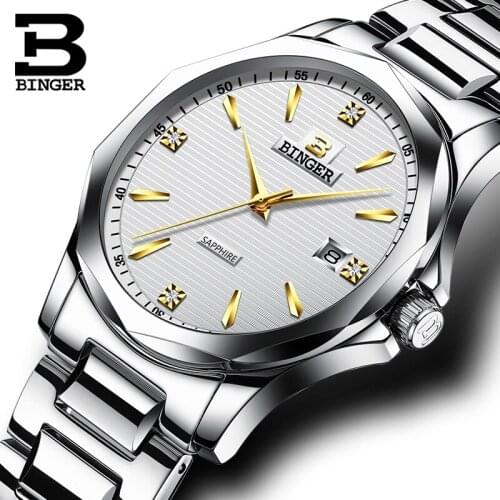 Genuine Brand Luxury BINGER Men Full Stainless Steel Sapphire Quartz Watches male Business Series Calendar table waterproof