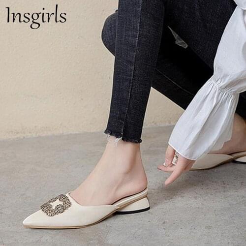 Summer Women Mules 2021 New Glitter Rhinestone Pointed Toe Slip On Ladies Comfortable Sandals Female Fashion Low Heel Pumps