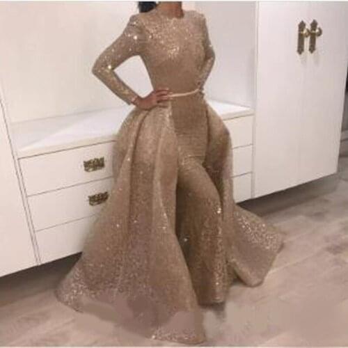 New Stunning long sleeve gold prom dresses Detachable skirt with bustle 2 pieces evening gown Australia Design