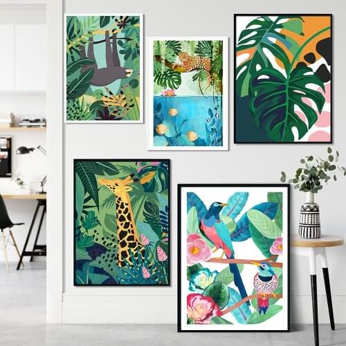 Giraffe Leopard Parrot Jungle Nordic Posters and Prints Wall Art Canvas Painting Wall Pictures for Living Room Home Decor