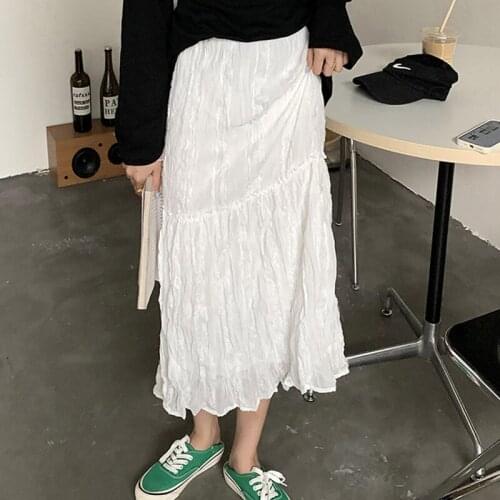 High Waist Pleated Solid Skirt Womens Korean Fashion Loose Skirt Woman Casual Slim A-Line Skirts Ladies Summer 2021