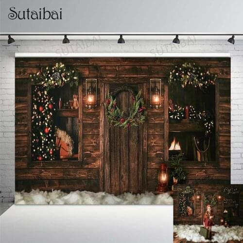Christmas Backdrop Photography Rustic Wood Floor Background Photo Studio Christmas Tree Retro Oil Lamp Child Portrait Photocall