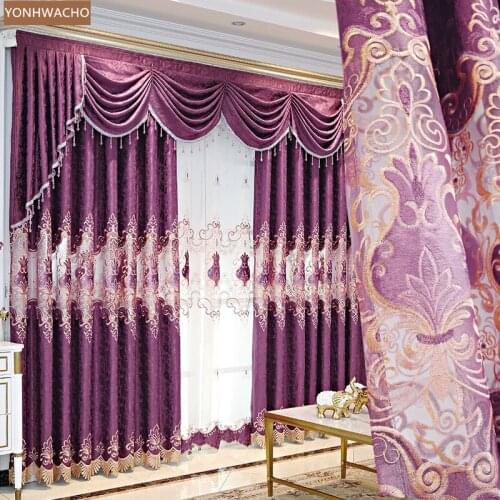 Custom curtains luxury chenille living room hollow embroidered screen purple cloth blackout curtain valance tulle drape C901
