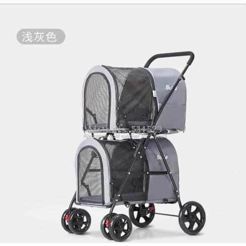 Foldable Double-layer Pet Trolley Dog Cart Stroller Cage Four-wheeled Outdoor Travel Supplies Lightweight Detachable Damping