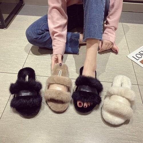 Belt Buckle Winter Warm Slippers Women Shoes Woman Flat Sole Solid Fur Slides Furry Slides for Women Slippers Zapatos De Mujer