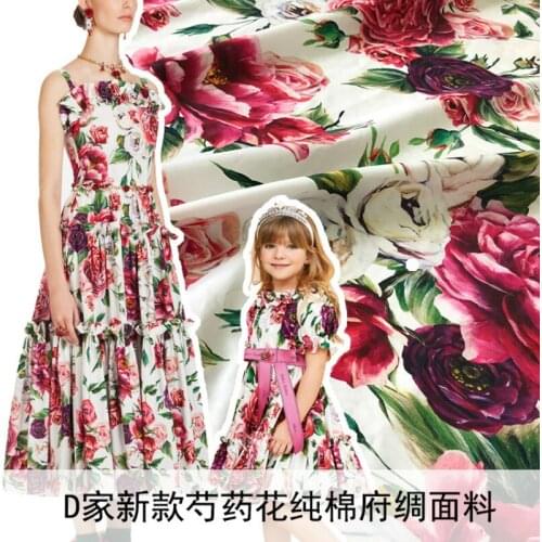 Peony printed pure cotton poplin fabric 140 cm width sewing children pajamas parent-child clothing fabric for dress material