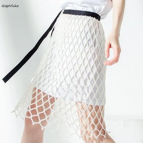 Lace Up Pearls Skirts A Line Hollow Out 2021 Summer Y2K New Korean Fish Net Skirts Women Fashion clothing for girl SA004S50