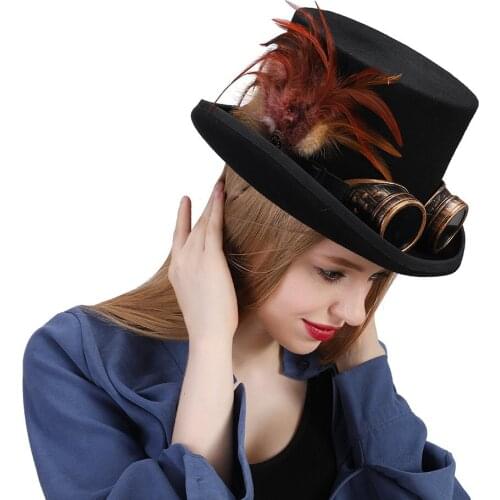 15cm(5.89inch) Black Wool Women Men Steampunk Top Hat With Handmade Glasses Gear Feather Fedora Cosplay Hat