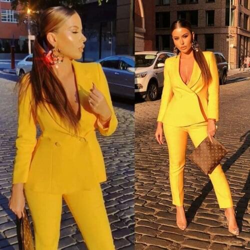 Yellow Women Ladies V Neck 2 Pieces Business Pants Suits Custom Made Mothers Dress Formal Evening Wear Tuxedos(Jacket+Pants)