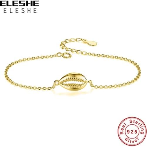ELESHE 925 Sterling Silver Bracelet Gold Cowrie Shell Bracelets for Women Adjustable Chain Beads Charm Bracelet Beach Jewelry