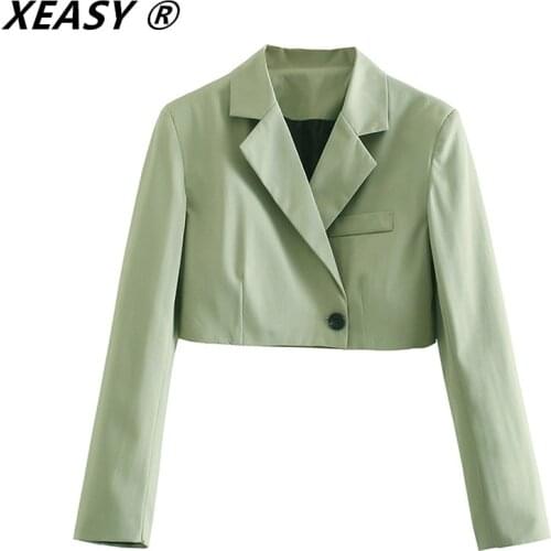 XEASY New Women Vintage Long Sleeve Solid Short Slim Blazer Coat Female High Street One Button Outerwear Chic Crop Tops