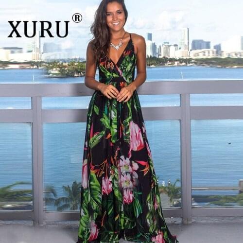 XURU European and American New Womens Strap Print Beach Dress