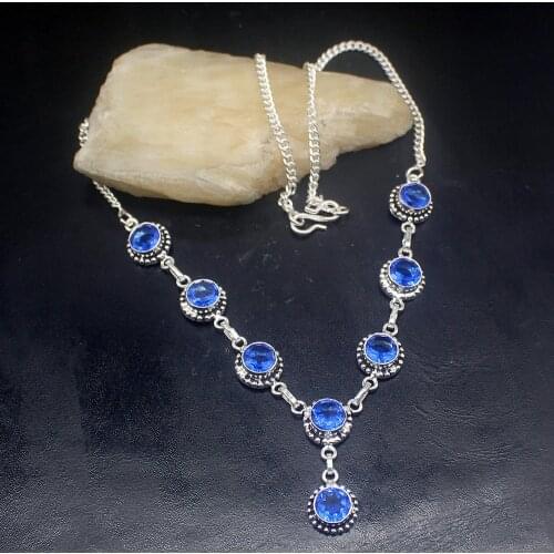 Hermosa Jewelry Vintage Shiny Ocean BlueTopaz Silver Color Women Ladies Gifts Pendant Necklace Chain 46cm 20213401