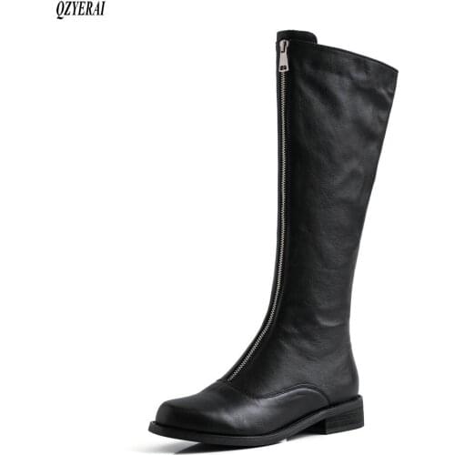 Winter Riding Boots Women Natural Genuine Leather Zip Flat Knee High Boots Patent Leather Long Shoes Ladies Fall Size 34-40