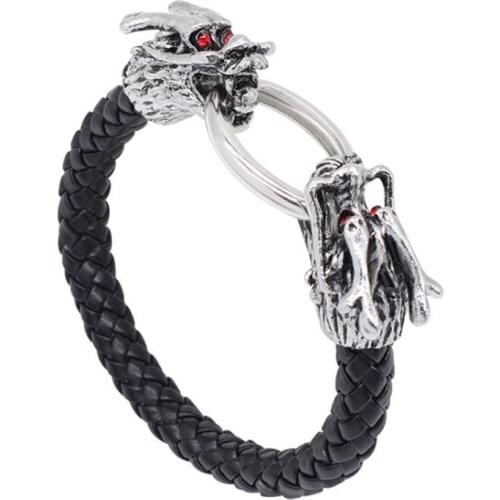 FYJS Unique Silver Plated Alloy 2 Dragon Head Connect Circle Leather Bracelet For Cool Men Jewelry