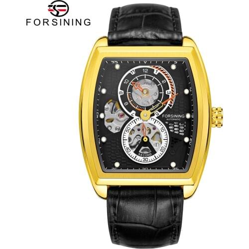 Forsining Fashion Classic Black Dial Waterproof Sport Automatic Mechanical Watch Skeleton Rectangle Dial Military Men Wristwatch