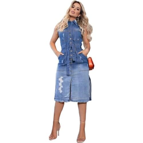 Split Sleeveless Cotton Bandage Gradient Color Jeans Denim Dress Summer 2021 with Belt Party Club Midi Dresses Jean Jacket Coat