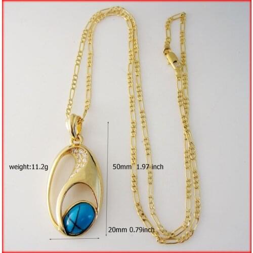 FOROMANCE - YELLOW GOLD COLOR GP SPECIAL OVAL SHAPED WITH CZ BLUE STONE PENDANT & 24" FIGARO CHAIN LONG NECKLACE/ GREAT GIFT