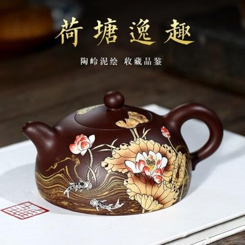 Mud painting Zhang Xiaoling TaoLing warping clay teapot pure handmade ceramic tea-pot lotus tea set and a half months