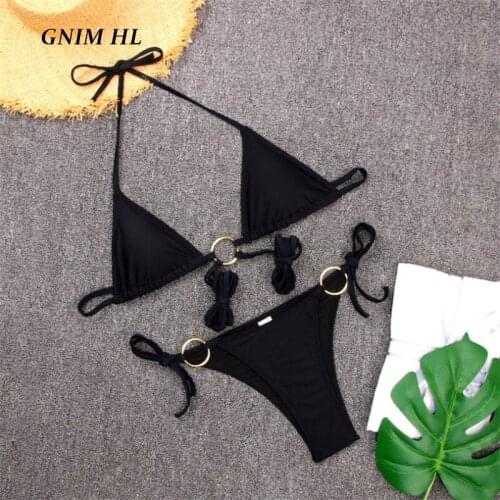 GNIM Sexy Solid Bandage Bikini Swimwear Women 2021 Summer Hollow Out Backless String Swimsuit Female 2 Pieces Swim Bathing Suit