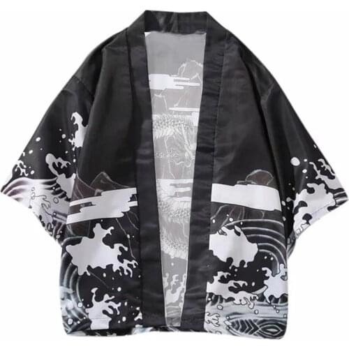 Summer Men Shirts Wave Dragon 3/4 Sleeve Open Front Kimono Yukata Cardigan Coat Shirt vintage clothes рубашка мужская 2021