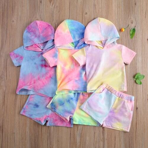 2021 0-5Y Toddler Baby Girl Boy Clothing Summer Tie Dye Print Short Sleeve Hooded Top+Shorts Casual Tracksuit 2pcs Outfits Set