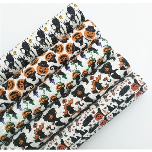 LEOsyntheticoDIY Halloween Pumpkin Monsters Printed Chunky Glitter Vinyl Fabric Sheet Felt Backing Faux Vinil DIY A4 SIZE R199