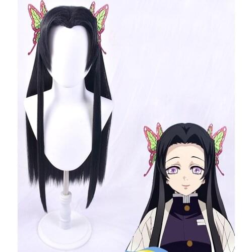 Blade of Demon Slayer Kochou Kanae Long Black Styled Wig Cosplay Hair Synthetic Wig Butterfly headwear hairpin
