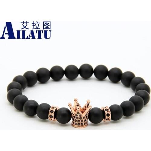 Powerful Mens Jewelry 8mm Matte Onyx Stone Beads with New Micro Inlay Black Zircon Crown Bracelet