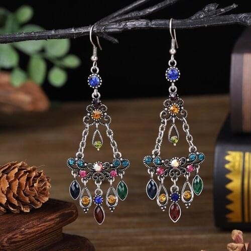 New Vintage Ethnic Long Colorful Crystal Tassel Earrings for Women Bohemian Multilayer Hollow Rhinestone Earrings Female Jewelry