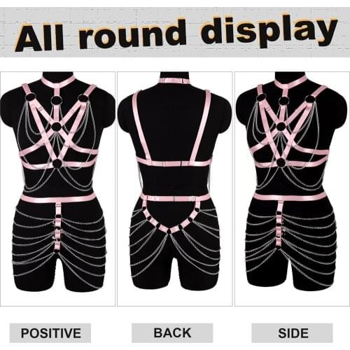 Pink Bondage Harness Bra Fashion Sexy Cage Metal Chain Accessories Strappy Lingerie Set Punk Gothic Dance Festival Rave Wear