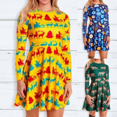 S-XL 2020 Christmas Dress Costumes New Autumn Winter Womens Fashion V Collar Printing Long Sleeve Dress Pullover Female navidad