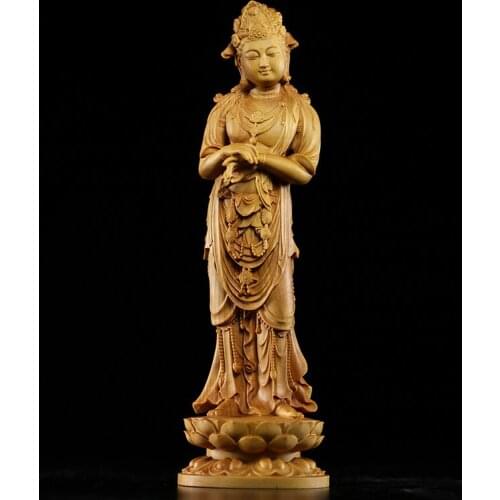 Boxwood 20cm Guanyin Bodhisattva Sculpture Traditional Wood Buddha Statue Worship Home Decor