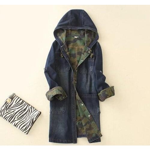 2019 Vintage New Korean BF Style Denim Hooded Womens Jackets Long sleeve Jean Casual Camouflage Female Slim Fit Coats Windbreak