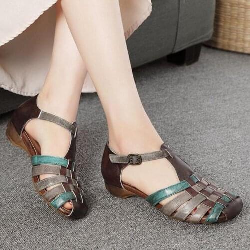 YourSeason Ladies Vintage Buckle Strap Shoes Flat With Handmade Concise Women Genuine Leather Sandals 2021 Mixed Colors