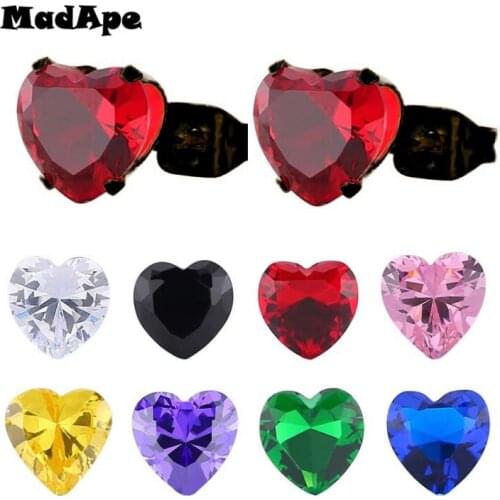 MadApe 3-8mm Multicolor Zircon Heart Stud Earrings For Women Black Color Stainless Steel Heart Earrings Wholesale Ear Jewelry