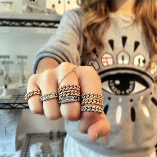 Women Trendy Rings Gold Color Bling Bling Ice Out CZ Hip Hop Punk Ring Cuban Link Chain with cz paved for wedding Ring