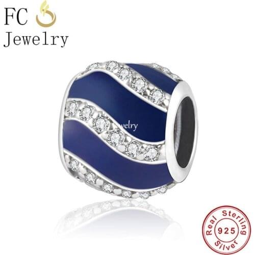 FC Jewelry Fit Original Brand Charm Bracelet 925 Sterling Silver Blue Enamel Stripe Zirconia Bead For Making Women Berloque 2021