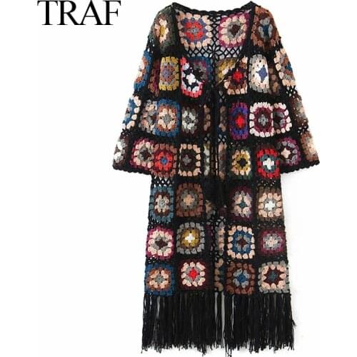 TRAF ZA Womens Clothing 2021 Casual Jacket Autumn Hollow Out Floral Crochet Tassels Hem Mid-Length Knit Female Cardigan Mujer