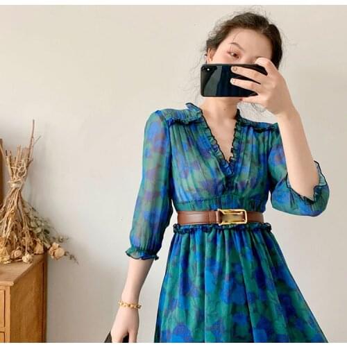 Ladies V Necline Ruffled Elbow Sleeve Floral Printed Midi Dress