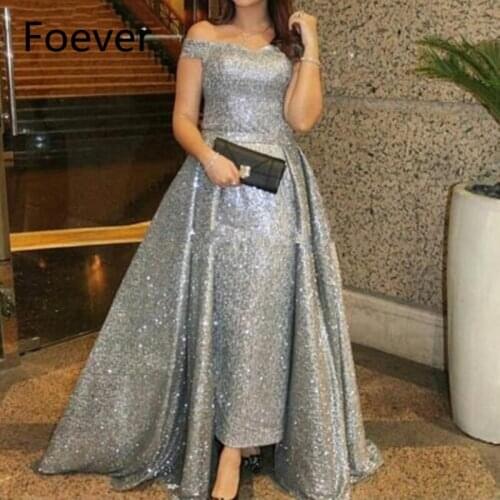 Robe Soiree Dubai Silver Bling Sequins High Low Arabic Mother Gowns Formal Dress 2018 2019