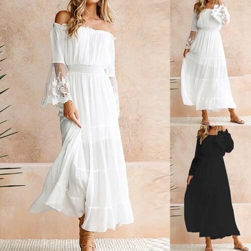 Sexy Dress Women’s Sexy Solid Color Slash-Neck Long Sleeve Lace Stitching Long Dress Evening Party Dresses Maxi dress Vestidos