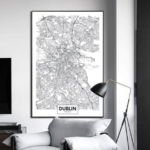 Famous City Map Irelad Dublin Print Canvas Painting Wall Art Pictures Black White Posters and Prints Living Room Home Decor